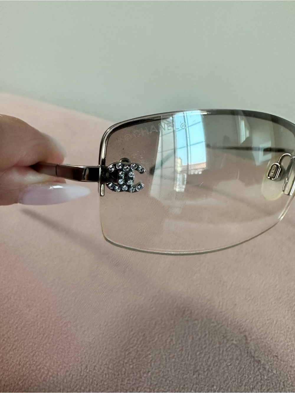 Rimless Silver Crystal Chanel logo initial Women's Sunglasses - Silver - Picture 7 of 9